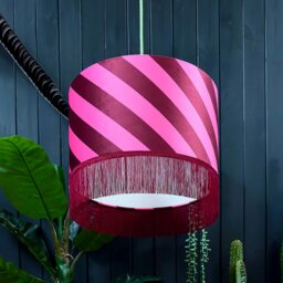 "Rackhams Raspberry Ripple Helter Skelter Velvet Lampshades With Fringing - Ceiling Pendant / Arc Lamp - 40cm diameter x 25cm height / 16"" x 10"""