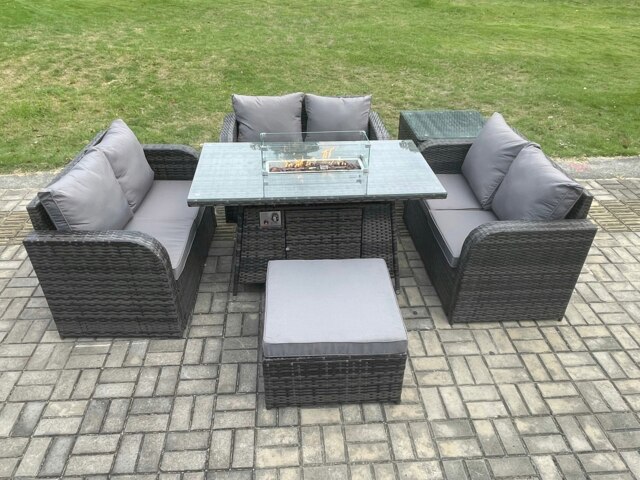 Rackhams Rattan Outdoor Garden Furniture Sofa Set Gas Fire Pit Dining Table Gas Heater with Side Table Love Sofa Big Footstool Dark Grey Mixed - image 1