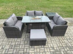 Rackhams Rattan Outdoor Garden Furniture Sofa Set Gas Fire Pit Dining Table Gas Heater with Side Table Love Sofa Big Footstool Dark Grey Mixed - thumbnail 1