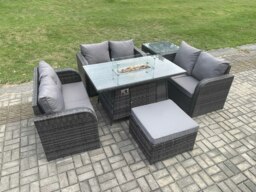 Rackhams Rattan Outdoor Garden Furniture Sofa Set Gas Fire Pit Dining Table Gas Heater with Side Table Love Sofa Big Footstool Dark Grey Mixed - thumbnail 2
