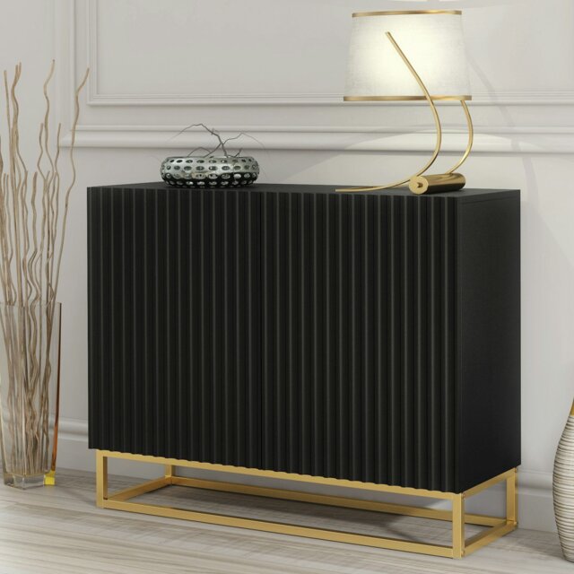 Rackhams Graceful Black Sideboard with Fluted Fronts & Gold Legs – 100cm Storage Unit - 100cm - Black -  MDF/Chipboard - image 1