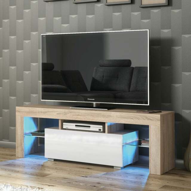 Rackhams 130cm TV Unit Cabinet Stand with White High Gloss Doors and Free LED Lights - 130 cm - 1 - MDF/Chipboard - image 1