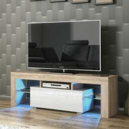 Rackhams 130cm TV Unit Cabinet Stand with White High Gloss Doors and Free LED Lights - 130 cm - 1 - MDF/Chipboard - thumbnail 1