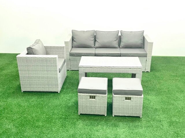 Rackhams Rattan Garden Furniture Set 5 Pieces Outdoor Garden Sofa Oblong Coffee Table Set with Chair 2 Small Footstools Light Grey Mixed - image 1