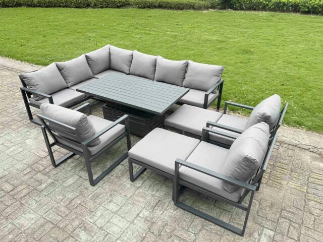 Rackhams 11 Seater Aluminium Garden Furniture Outdoor Dining Set with Adjustable Rising Lifting Dining Table,2 Big Footstools Dark Grey - image 1