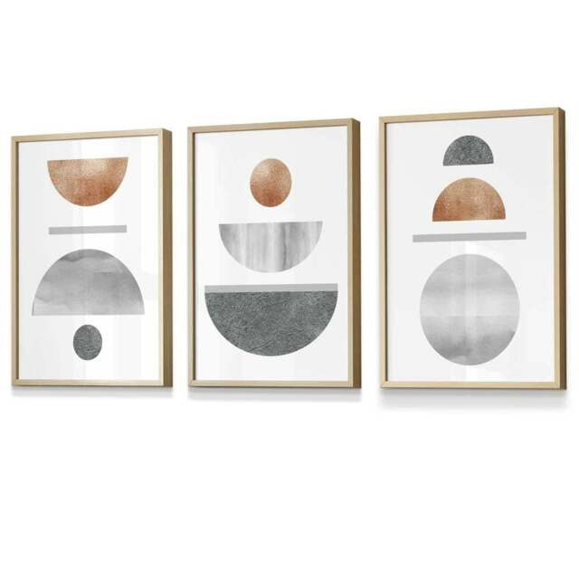 Rackhams Copper and Grey Abstract Mid Century Geometric Set of 3 Framed Wall Art - 42x59cm (A2) - Light Oak - image 1