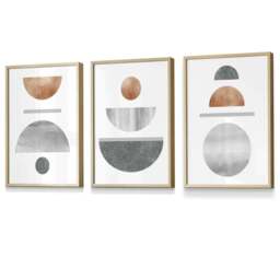 Rackhams Copper and Grey Abstract Mid Century Geometric Set of 3 Framed Wall Art - 42x59cm (A2) - Light Oak - thumbnail 1