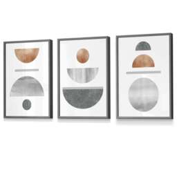 Rackhams Copper and Grey Abstract Mid Century Geometric Set of 3 Framed Wall Art - 42x59cm (A2) - Light Oak - thumbnail 6