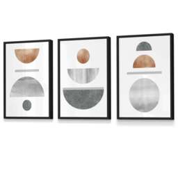 Rackhams Copper and Grey Abstract Mid Century Geometric Set of 3 Framed Wall Art - 42x59cm (A2) - Light Oak - thumbnail 4