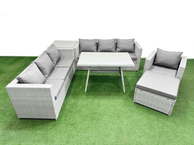 Rackhams Outdoor Rattan Garden Furniture Dining Set 8 seater Patio Rectangular Table 3 Seater Sofa Armchair Set with Side Table Big Stool - image 1