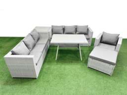 Rackhams Outdoor Rattan Garden Furniture Dining Set 8 seater Patio Rectangular Table 3 Seater Sofa Armchair Set with Side Table Big Stool - thumbnail 1