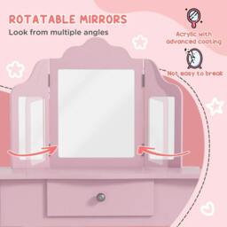 Rackhams Kids Vanity Table and Chair Set with Tri-Folding Mirror and Stool, Makeup Dressing Table with Drawer, Pink - thumbnail 5