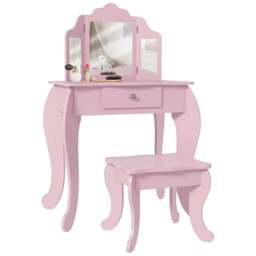Rackhams Kids Vanity Table and Chair Set with Tri-Folding Mirror and Stool, Makeup Dressing Table with Drawer, Pink