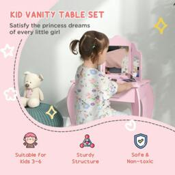 Rackhams Kids Vanity Table and Chair Set with Tri-Folding Mirror and Stool, Makeup Dressing Table with Drawer, Pink - thumbnail 3