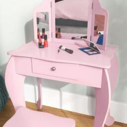 Rackhams Kids Vanity Table and Chair Set with Tri-Folding Mirror and Stool, Makeup Dressing Table with Drawer, Pink - thumbnail 6