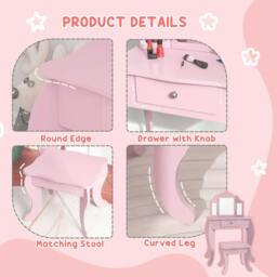 Rackhams Kids Vanity Table and Chair Set with Tri-Folding Mirror and Stool, Makeup Dressing Table with Drawer, Pink - thumbnail 4