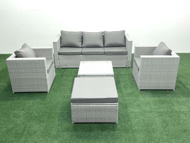 Rackhams 6 Seater Rattan Garden Furniture Set with 3 Seater Sofa 2 Chair Square Coffee Table Big Footstool Light Grey Mixed - image 1