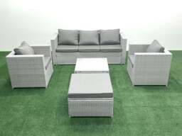Rackhams 6 Seater Rattan Garden Furniture Set with 3 Seater Sofa 2 Chair Square Coffee Table Big Footstool Light Grey Mixed - thumbnail 1