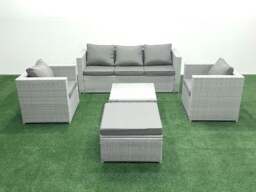 Rackhams 6 Seater Rattan Garden Furniture Set with 3 Seater Sofa 2 Chair Square Coffee Table Big Footstool Light Grey Mixed - thumbnail 2