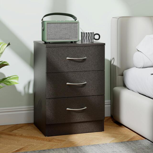 Rackhams Modern 3 Drawers Side Table, Bedside Table with Wood Effect, Black - 58 - image 1