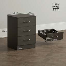 Rackhams Modern 3 Drawers Side Table, Bedside Table with Wood Effect, Black - 58 - thumbnail 6