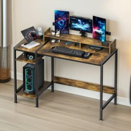 Rackhams Industrial Computer Desk With Monitor Stand And Shelves Brown