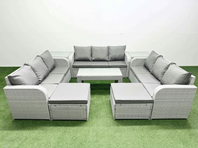 Rackhams 11-Seater Light Grey PE Rattan Outdoor Lounge Set - Oblong Coffee Table, 3-Seater Sofa, 2 Footstools, 2 Side Tables - image 1
