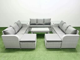 Rackhams 11-Seater Light Grey PE Rattan Outdoor Lounge Set - Oblong Coffee Table, 3-Seater Sofa, 2 Footstools, 2 Side Tables - thumbnail 1