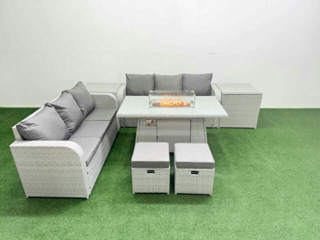 Rackhams Outdoor Garden Furniture Set 8 Seater Rattan Furniture Sofa Set with Fire Pit Dining Table high Back Lounge Sofa Stools 2 Side Table Light Grey - image 1