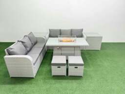 Rackhams Outdoor Garden Furniture Set 8 Seater Rattan Furniture Sofa Set with Fire Pit Dining Table high Back Lounge Sofa Stools 2 Side Table Light Grey - thumbnail 1