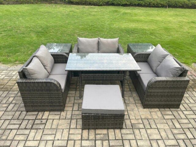 Rackhams 7 Seater Outdoor Rattan Garden Furniture Set with Patio Rectangular Dining Table Love Sofa 2 Side Tables Big Footstool Dark Grey Mixed - image 1