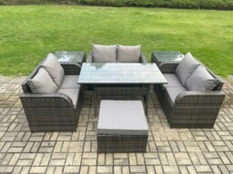 Rackhams 7 Seater Outdoor Rattan Garden Furniture Set with Patio Rectangular Dining Table Love Sofa 2 Side Tables Big Footstool Dark Grey Mixed - thumbnail 1