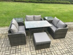 Rackhams 7 Seater Outdoor Rattan Garden Furniture Set with Patio Rectangular Dining Table Love Sofa 2 Side Tables Big Footstool Dark Grey Mixed - thumbnail 2