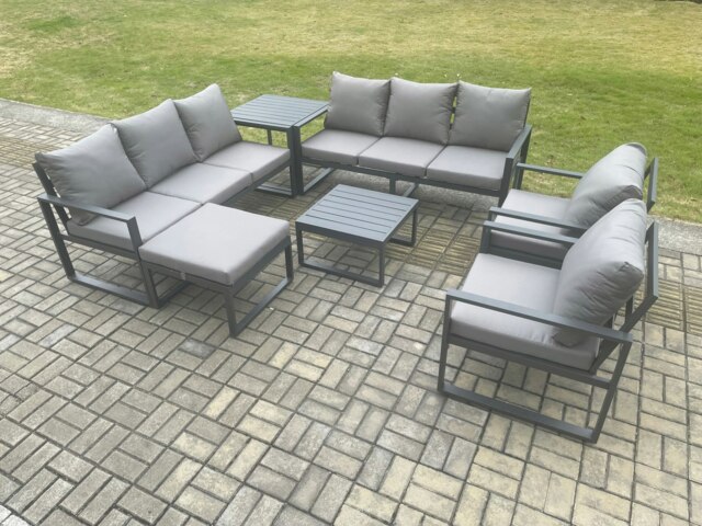 Rackhams Aluminium Patio Outdoor Garden Furniture Lounge Sofa Set with Square Coffee Table 2 Chairs Big Footstool Side Table Dark Grey - image 1