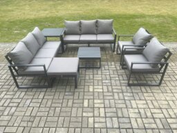Rackhams Aluminium Patio Outdoor Garden Furniture Lounge Sofa Set with Square Coffee Table 2 Chairs Big Footstool Side Table Dark Grey - thumbnail 2