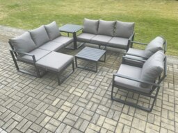 Rackhams Aluminium Patio Outdoor Garden Furniture Lounge Sofa Set with Square Coffee Table 2 Chairs Big Footstool Side Table Dark Grey - thumbnail 1