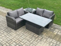 Rackhams Outdoor Rattan Furniture Garden Dining Set Height Adjustable Rising lifting Table Love Sofa Set With Side Table Dark Grey Mixed - thumbnail 2