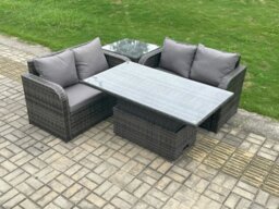 Rackhams Outdoor Rattan Furniture Garden Dining Set Height Adjustable Rising lifting Table Love Sofa Set With Side Table Dark Grey Mixed - thumbnail 1