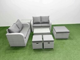 Rackhams 7 Seater Outdoor Love Sofa Set Rattan Garden Furniture Set with Rectangular Coffee Table 3 Footstool Side Table Light Grey - thumbnail 2