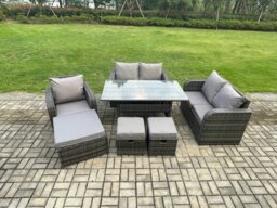 Rackhams 8 Seater Lounge Rattan Sofa Set Outdoor Garden Furniture Oblong Rectangular Dining Table With Chairs 3 Footstools Dark Grey Mixed - thumbnail 1