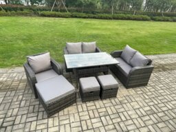 Rackhams 8 Seater Lounge Rattan Sofa Set Outdoor Garden Furniture Oblong Rectangular Dining Table With Chairs 3 Footstools Dark Grey Mixed - thumbnail 2