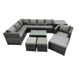 Rackhams Outdoor Rattan Rectangular Coffee Table Corner Sofa Setss Garden Furniture Sets with Side Table 2 Small Stools Dark Grey Mixed