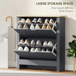Rackhams 12-Shoe Storage Cabinet 4 Shelves 2 Drawers Tabletop Charcoal Grey - Charcoal grey body, oak tone top - Charcoal grey - Particle board - thumbnail 4