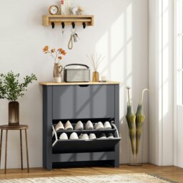 Rackhams 12-Shoe Storage Cabinet 4 Shelves 2 Drawers Tabletop Charcoal Grey - Charcoal grey body, oak tone top - Charcoal grey - Particle board - thumbnail 1