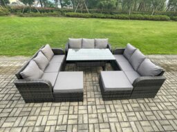 Rackhams Patio Rattan Garden Furniture Set with Oblong Rectangular Dining Table 11 Seater Outdoor Lounge Sofa Set Dark Grey Mixed - thumbnail 1