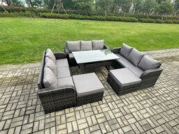 Rackhams Patio Rattan Garden Furniture Set with Oblong Rectangular Dining Table 11 Seater Outdoor Lounge Sofa Set Dark Grey Mixed - thumbnail 2