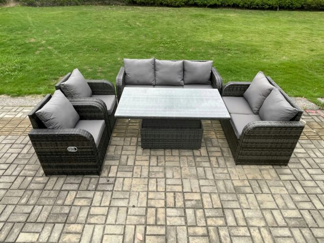 Rackhams Rattan Outdoor Garden Furniture Sets Height Adjustable Rising lifting Dining Table Reclining Chair Sofa Set Dark Grey Mixed - image 1