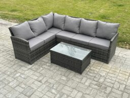 Rackhams Rattan Lounge Corner Sofa Set Wicker PE Outdoor Garden Furniture Set with Rectangular Coffee Table Dark Grey Mixed - thumbnail 2