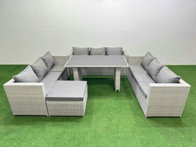 Rackhams Patio Outdoor Garden Furniture Sets with Black Glass Top Dining Table 3 Seater Sofa Big Stool Light Grey - image 1