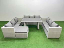 Rackhams Patio Outdoor Garden Furniture Sets with Black Glass Top Dining Table 3 Seater Sofa Big Stool Light Grey